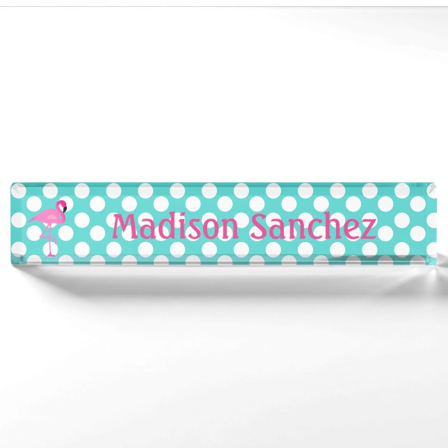 Flamingo Teal and White Polka Dot Name Plate (Front)