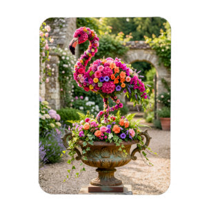 Flamingo Topiary Planter Urn and Tropical Flowers Magnet