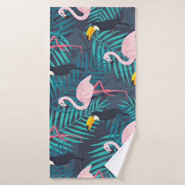 Flamingo, toucan: tropical leaf pattern bath towel (Bath Towel)