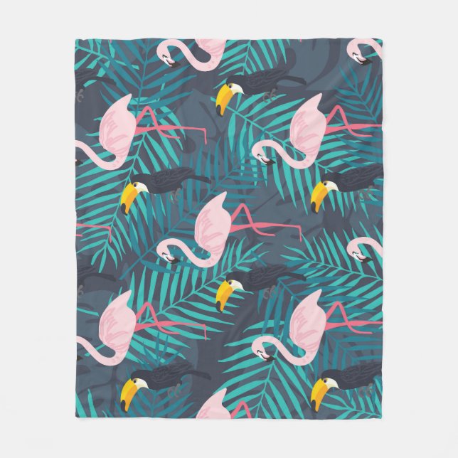 Flamingo, toucan: tropical leaf pattern fleece blanket (Front)