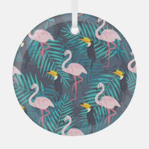 Flamingo, toucan: tropical leaf pattern glass ornament