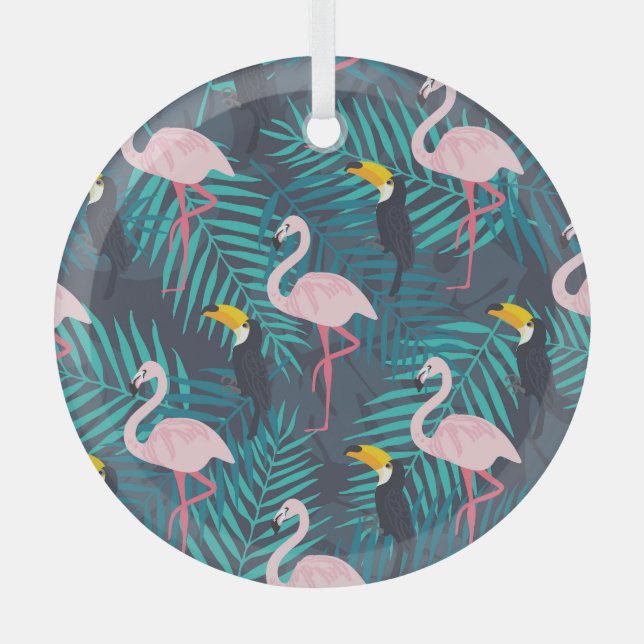 Flamingo, toucan: tropical leaf pattern glass ornament (Front)