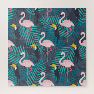 Flamingo, toucan: tropical leaf pattern jigsaw puzzle