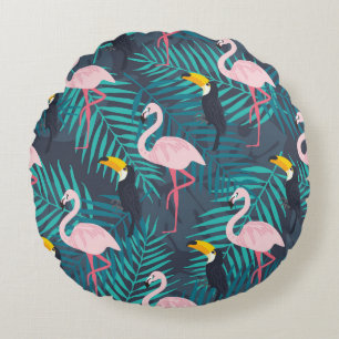 Flamingo, toucan: tropical leaf pattern round pillow