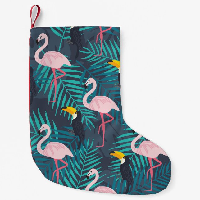 Flamingo, toucan: tropical leaf pattern small christmas stocking (Front)
