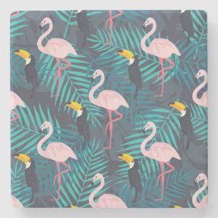 Flamingo, toucan: tropical leaf pattern stone coaster