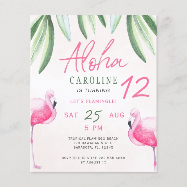 Flamingo tropical Aloha kids budget birthday party Flyer (Front)