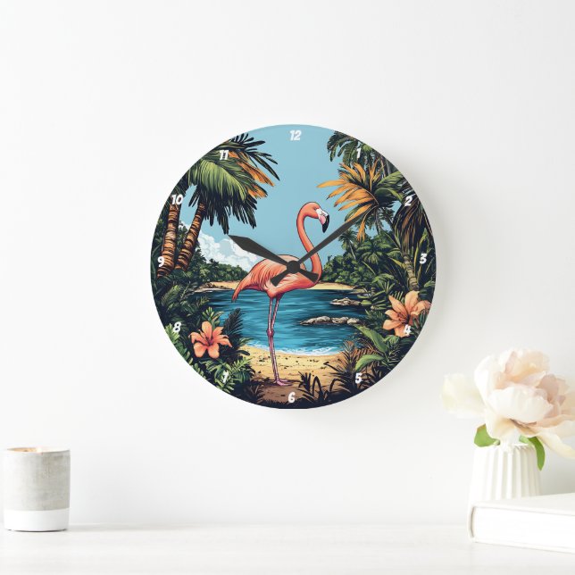 Flamingo Tropical Beach Wall Art Large Clock (Home)