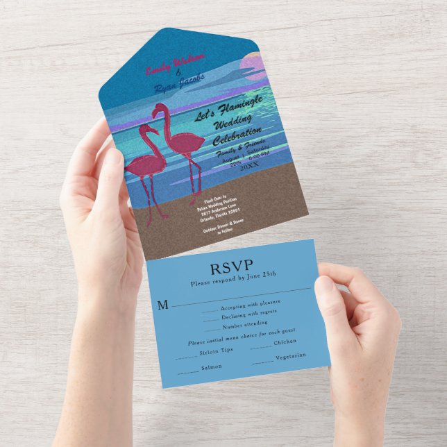Flamingo Tropical Beach Wedding Information RSVP All In One Invitation (Tearaway)