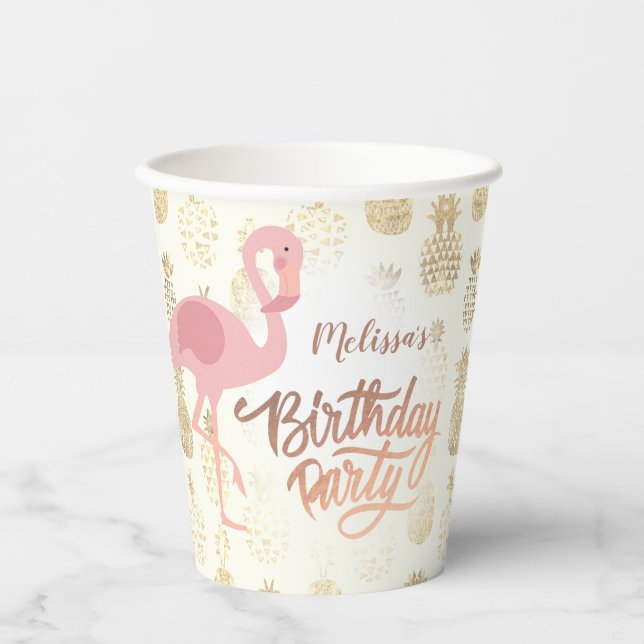 Flamingo tropical birthday paper cups (Front)