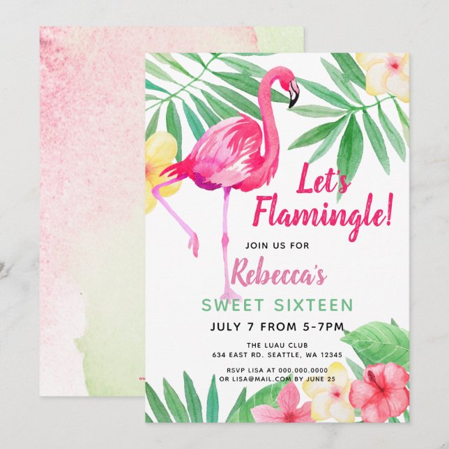 Flamingo tropical Birthday party Invitations (Front/Back)