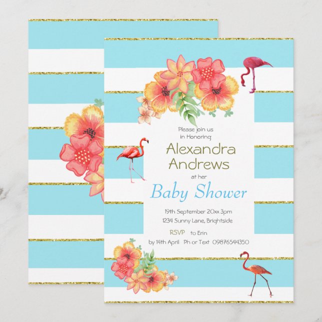 Flamingo Tropical  Blue Stripe Baby Shower Invitation (Front/Back)