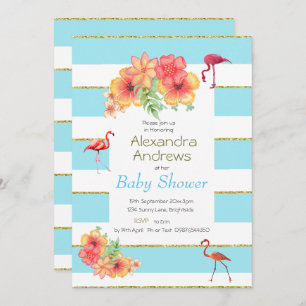 Flamingo Tropical  Blue Stripe Baby Shower Invitation