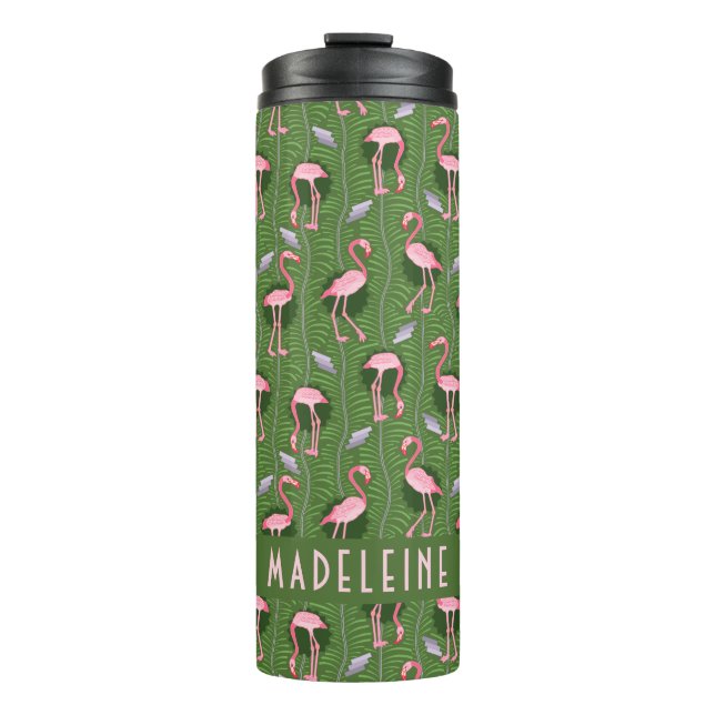 Flamingo Tropical Cute Dark Green Pattern Custom Thermal Tumbler (Front)