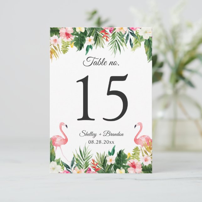 Flamingo Tropical Floral Wedding Table Number Card (Standing Front)