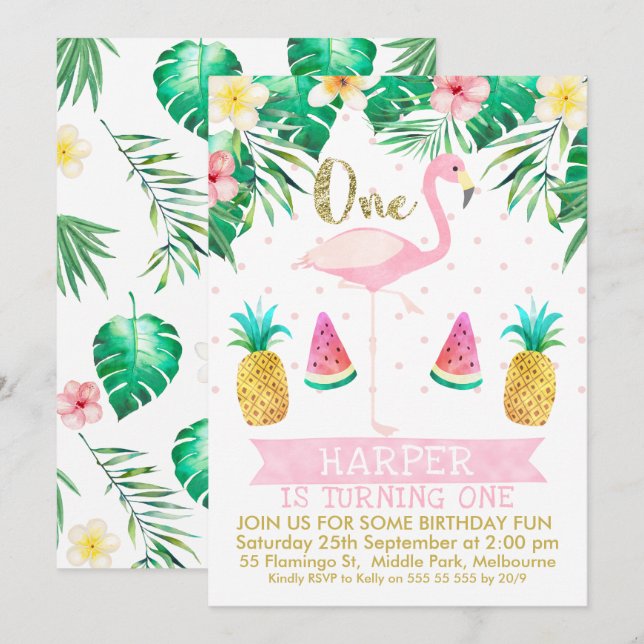 Flamingo Tropical Fruit First Birthday Invitation (Front/Back)