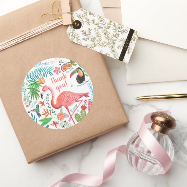Flamingo Tropical Girls Birthday Classic Round Sticker (Gifting)