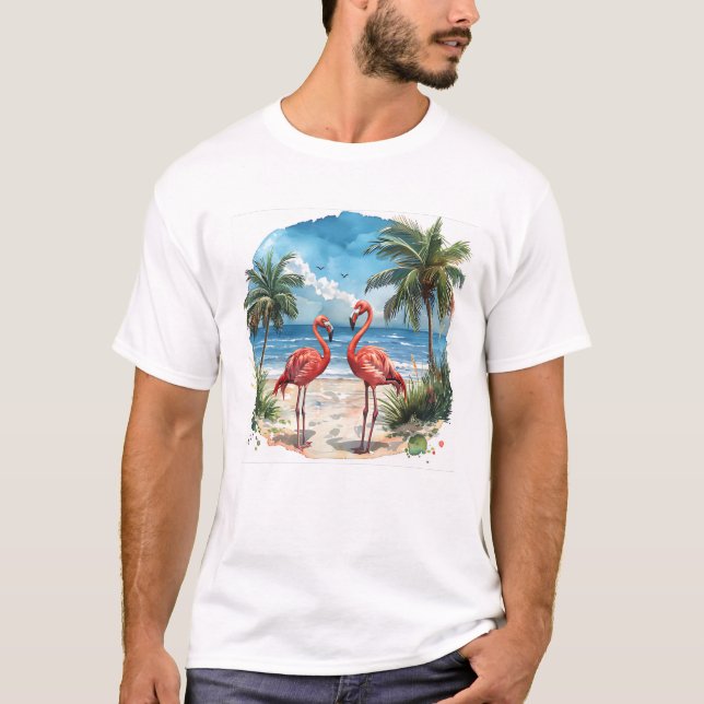 Flamingo Tropical Island Tshirt Beach Palmtrees (Front)