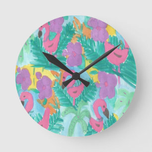 Flamingo Tropical Jungle Pattern Round Clock