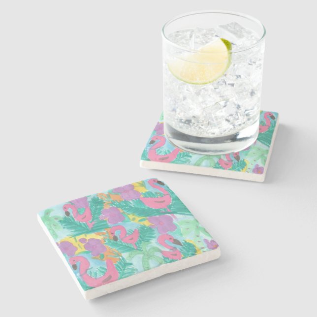 Flamingo Tropical Jungle Print Stone Coaster (Side)