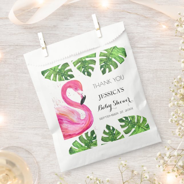 Flamingo Tropical Leaves Baby Shower Party Favour Favour Bag (Clipped)