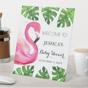 Flamingo Tropical Leaves Baby Shower Welcome Sign