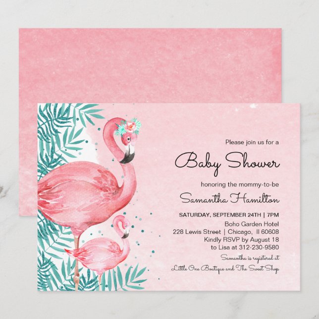 Flamingo & Tropical Leaves Watercolor Baby Shower Invitation (Front/Back)