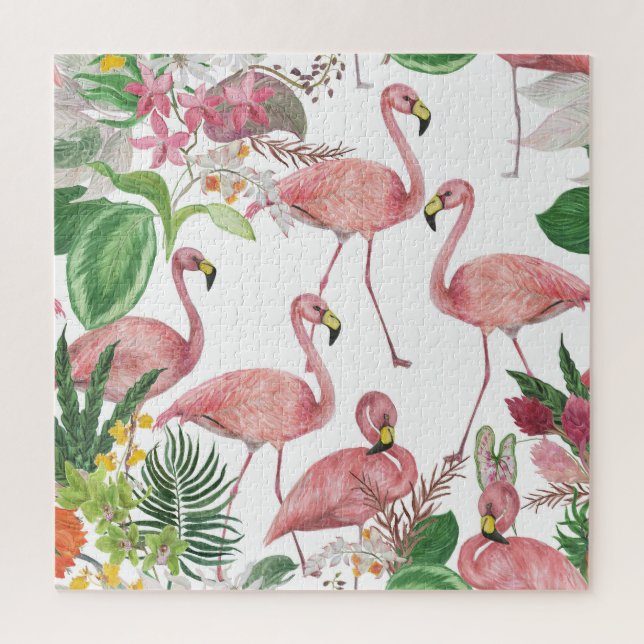 Flamingo Tropical Leaves Watercolor Pattern Jigsaw Puzzle (Vertical)