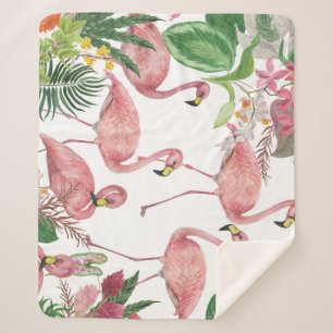 Flamingo Tropical Leaves Watercolor Pattern Sherpa Blanket