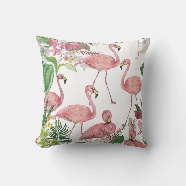 Flamingo Tropical Leaves Watercolor Pattern Throw Pillow (Front)
