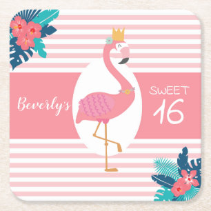Flamingo tropical pink and blue floral 16th square paper coaster