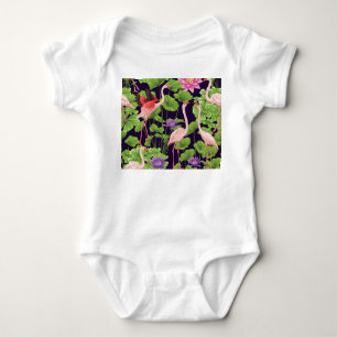 Flamingo, tropical plants, black background. baby bodysuit