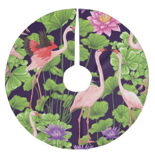Flamingo, tropical plants, black background. brushed polyester tree skirt