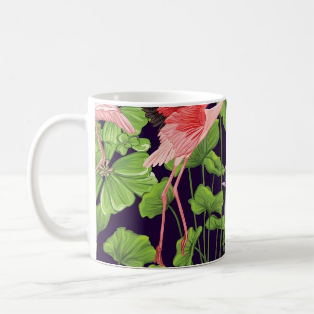 Flamingo, tropical plants, black background. coffee mug (Left)