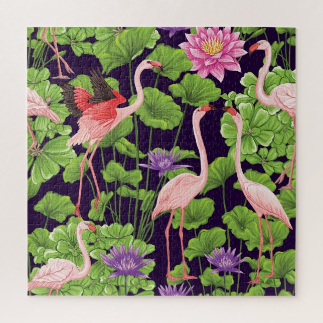 Flamingo, tropical plants, black background. jigsaw puzzle (Vertical)