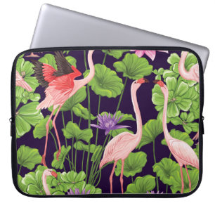 Flamingo, tropical plants, black background. laptop sleeve