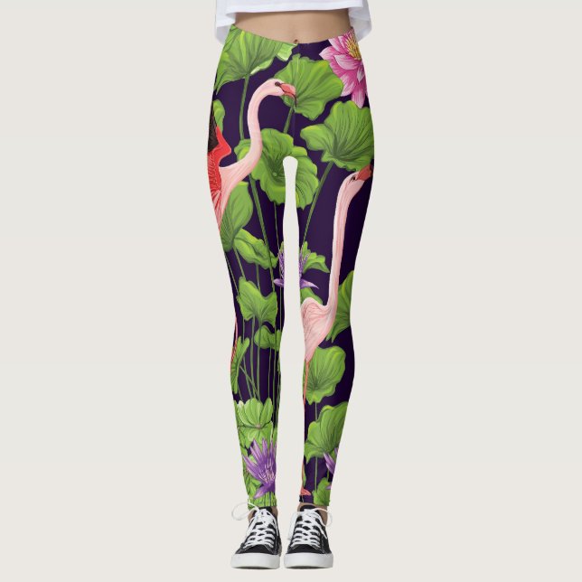 Flamingo, tropical plants, black background. leggings (Front)