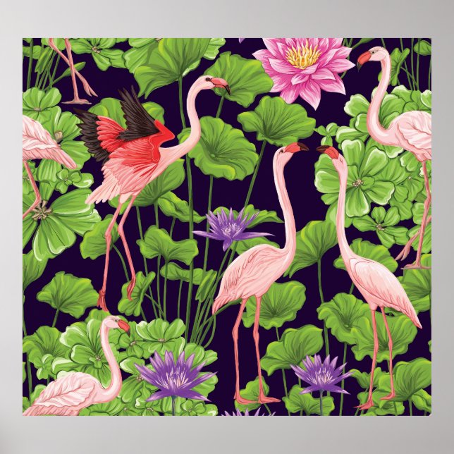Flamingo, tropical plants, black background. poster (Front)