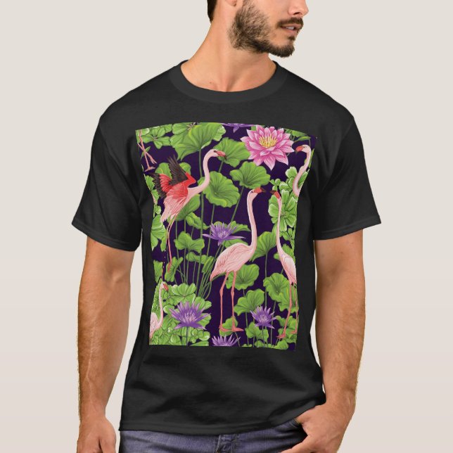 Flamingo, tropical plants, black background. T-Shirt (Front)