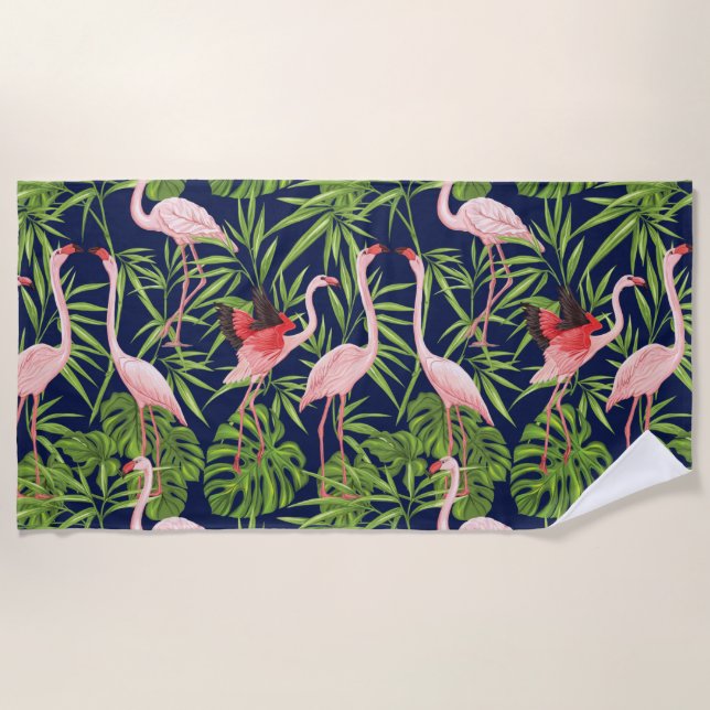 Flamingo Tropical Plants on Deep Blue Background Beach Towel (Front)