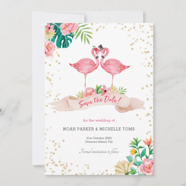 Flamingo Tropical Save the date card (Front)