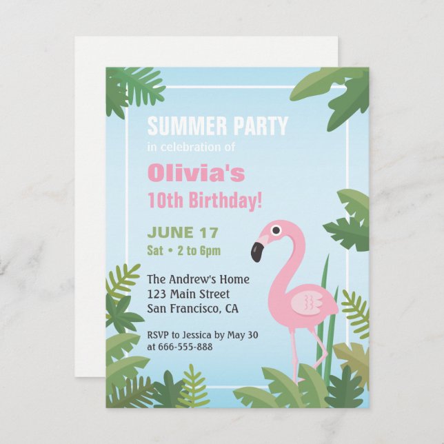 Flamingo Tropical Summer Birthday Party Invitation (Front/Back)