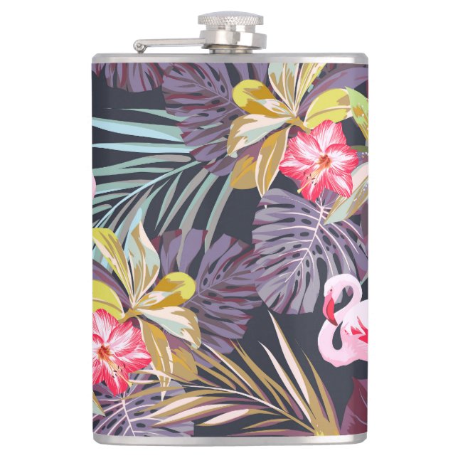 Flamingo Tropical: Summer Seamless Pattern Hip Flask (Front)