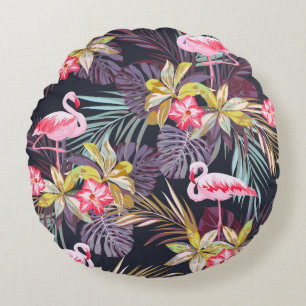 Flamingo Tropical: Summer Seamless Pattern Round Pillow