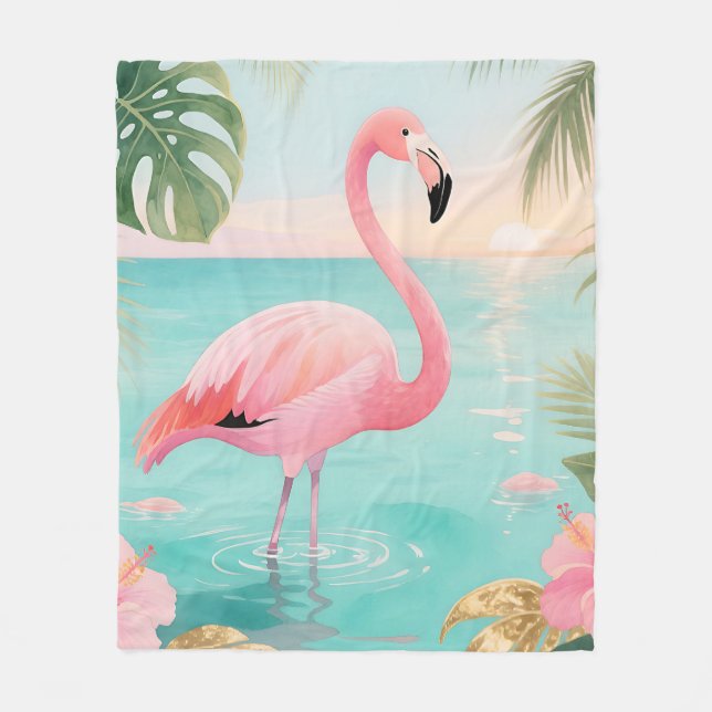 Flamingo Tropical Sunset Watercolor Fleece Blanket (Front)