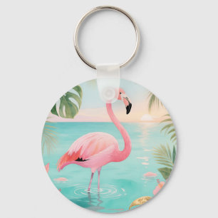 Flamingo Tropical Sunset Watercolor Keychain