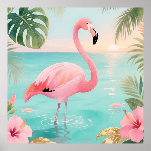 Flamingo Tropical Sunset Watercolor Poster (Front)