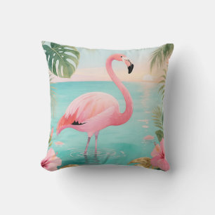 Flamingo Tropical Sunset Watercolor Throw Pillow