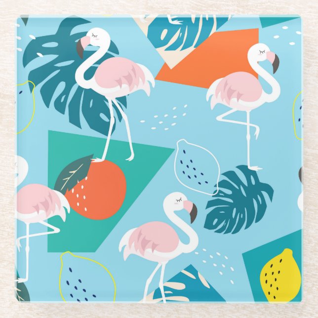 Flamingo Tropical, Trendy Vintage Pattern. Glass Coaster (Front)