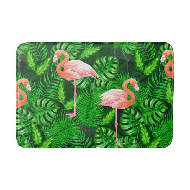 Flamingo tropical watercolor bath mat (Front)